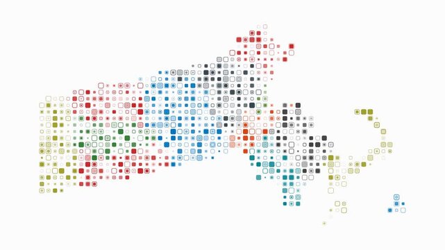 Massachusetts animated shape. Pulsating colored dots on the map of the state. Small size rounded square blocks. Digital style Massachusetts map on white background. Abstract animation video.