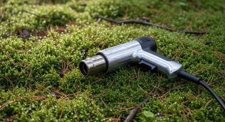Unexpected juxtaposition: a silver heat gun rests peacefully on a bed of green moss