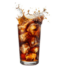 Refreshing iced cola drink splashing out of a glass