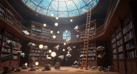 Whimsical library scene with floating books and glowing orbs under a celestial dome