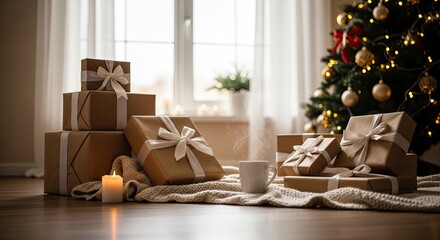Cozy Christmas Gifts by the Window with Candle and Tree