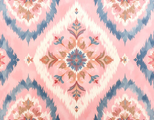 A symmetrical pattern with ornate floral diamond shapes, in soft watercolor hues of pink, blue, beige, and peach