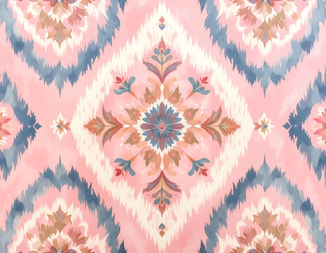 A symmetrical pattern with ornate floral diamond shapes, in soft watercolor hues of pink, blue, beige, and peach