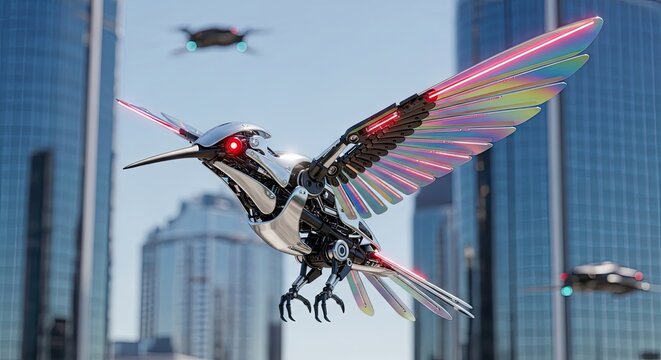 Futuristic Robotic Hummingbird with Neon Wings Flying Over a Modern Cityscape - Powered by Adobe