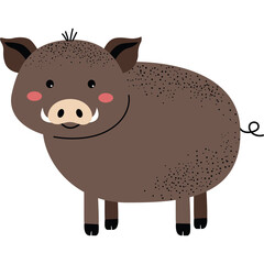 A cute cartoon brown wild boar with a curly tail and rosy cheeks standing on a transparent background, it has small black eyes and tusks
