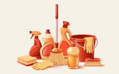 Set of cleaning supplies needed in every house for cleaning purposes