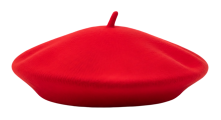 A vibrant red beret hat with a small stem on top isolated against a stark black background showcasing its classic shape and rich color