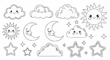 Cute Kawaii Celestial Elements Sun Moon Stars Clouds Doodle Set.