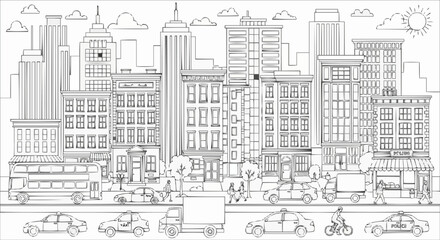 Detailed illustration of a bustling city street with various vehicles and buildings.