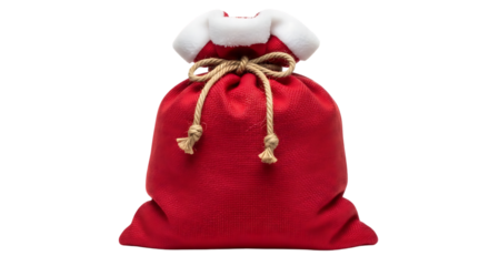 A classic red velvet santa claus sack with white fur trim and a jute rope tie isolated on a black background for festive holiday gifting