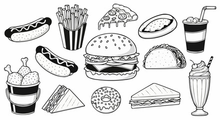 Monochrome Fast Food Collection - Hot Dogs, Fries, Pizza, Burger, and More.
