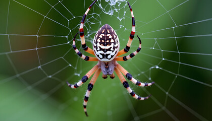 Colorful Spider in Web on Green Background