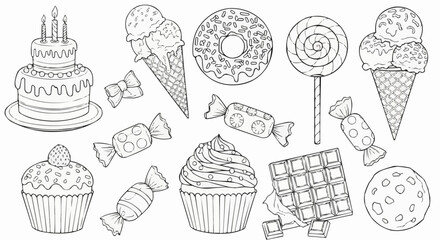 Hand drawn collection of sweets and desserts for coloring book.