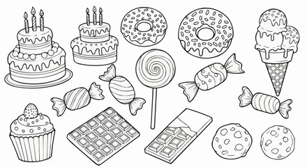 Collection of Sweet Desserts and Candies in Outline Style.