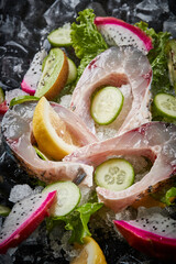 Arrange the glistening, white slices of fresh fish on a black round porcelain plate.