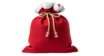 A festive red santa claus sack with a white fluffy trim and a golden rope tie isolated on a black background for christmas