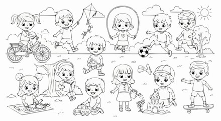 Collection of happy children playing various summer games and activities outdoors.