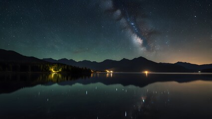 Breathtaking wide view of the luminous band of the Milky Way galaxy arching over a tranquil mountain lake with perfect reflective symmetry. Astronomy and nature concept