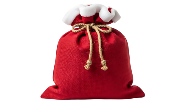 A festive red santa claus sack with a white fluffy trim and a golden rope tie isolated on a black background for christmas