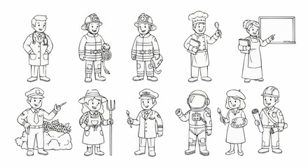 Diverse Cartoon Characters Representing Various Professions in Black and White.