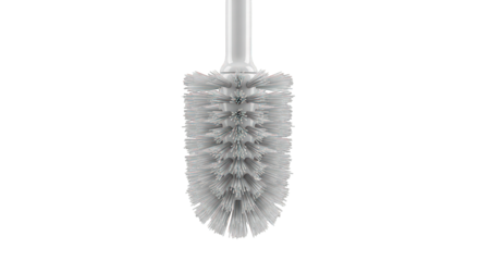 A close-up studio shot of a white toilet brush with gray bristles against a white background.