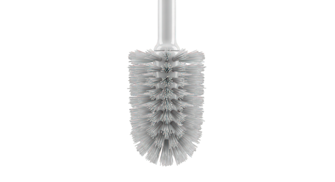 A close-up studio shot of a white toilet brush with gray bristles against a white background.