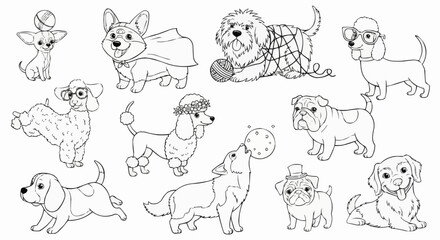Collection of various dog breeds in black and white line art.