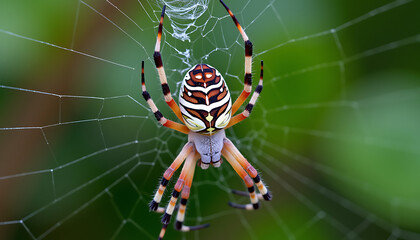 Colorful Spider in Web on Green Background