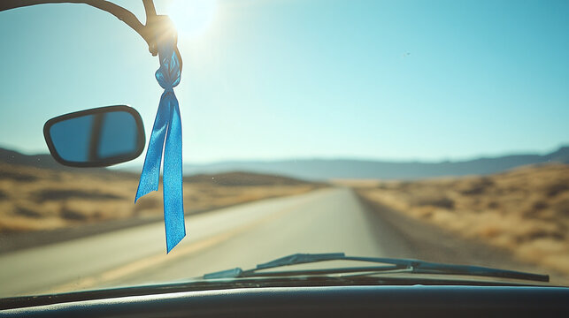 A blue ribbon hanging from the rearview mirror of an old car, symbolizing a journey or accomplishment, with the road stretching ahead under a bright, clear sky