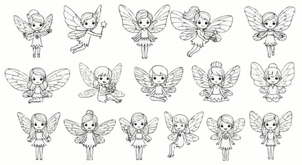 Collection of adorable fairy illustrations in various poses and styles for design.