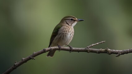 Tiny vibrant olive-green bird with distinctive brown eye stripe carefully perched upon a bare wooden branch in a lush natural environment. Wildlife and nature concept