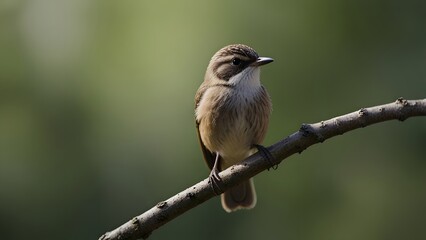 Tiny vibrant olive-green bird with distinctive brown eye stripe carefully perched upon a bare wooden branch in a lush natural environment. Wildlife and nature concept