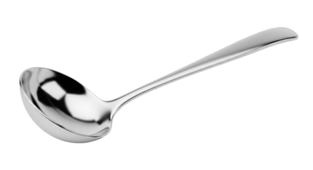 A gleaming stainless steel ladle with a deep, curved bowl and a long, elegant handle, presented against a stark white background.