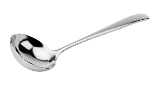 A gleaming stainless steel ladle with a deep, curved bowl and a long, elegant handle, presented against a stark white background.