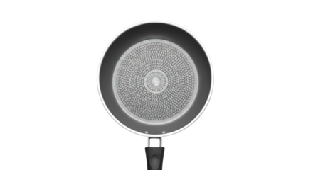 Top-down view of a non-stick frying pan with a textured bottom and black handle, isolated on a white background.