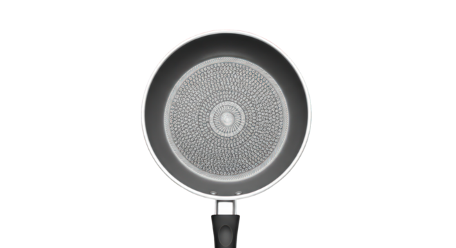 Top-down view of a non-stick frying pan with a textured bottom and black handle, isolated on a white background.