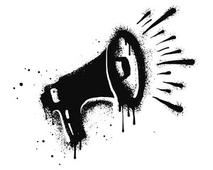 Spray painted graffiti megaphone on black over white. loudspeaker icon spray. isolated on white background