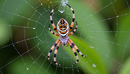 Colorful Spider in Web on Green Background