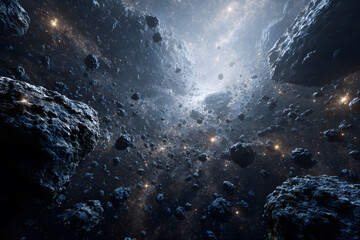 Asteroid stream in deep space, a collapsing minor planet in orbit, debris from a cosmic body