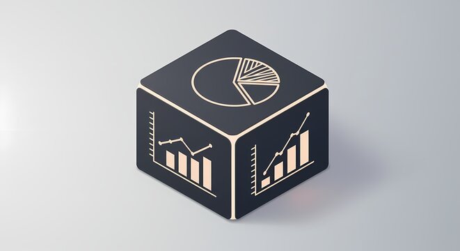Abstract 3D cube displaying financial graphs and pie charts, symbolizing data analysis and insights