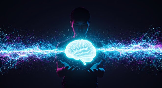 A young man holds a glowing brain symbolizing creativity and innovation amidst a vibrant energy backdrop - Powered by Adobe