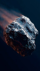 A hyper-detailed asteroid floating in deep space, textured with jagged iron and rock. The asteroid glows faintly from heat and trails fine cosmic dust against a dark background