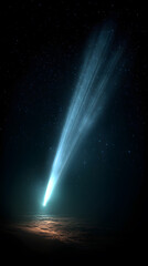 Comet flying through space with a bright tail glowing in the darkness of space, view of the night sky, astrophotography