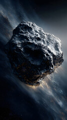 A hyper-detailed asteroid floating in deep space, textured with jagged iron and rock. The asteroid glows faintly from heat and trails fine cosmic dust against a dark background