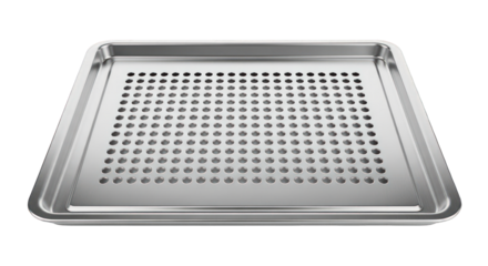 A stainless steel baking tray with a perforated surface for even cooking and drainage.