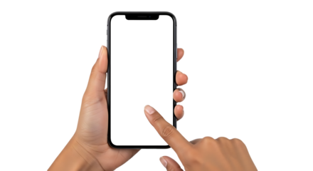 Close up of a person s hands holding a modern smartphone with a blank white screen against a dark background