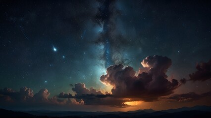 Stunning ultra-realistic render of a dramatically colorful celestial sky with the vast luminous band of the Milky Way extending over a dark mountainous horizon. Space and astronomy concept