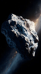 A hyper-detailed asteroid floating in deep space, textured with jagged iron and rock. The asteroid glows faintly from heat and trails fine cosmic dust against a dark background