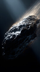 A hyper-detailed asteroid floating in deep space, textured with jagged iron and rock. The asteroid glows faintly from heat and trails fine cosmic dust against a dark background