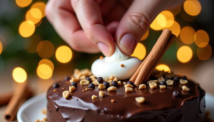 Decorating Chocolate Cake with Marshmallow and Cinnamon